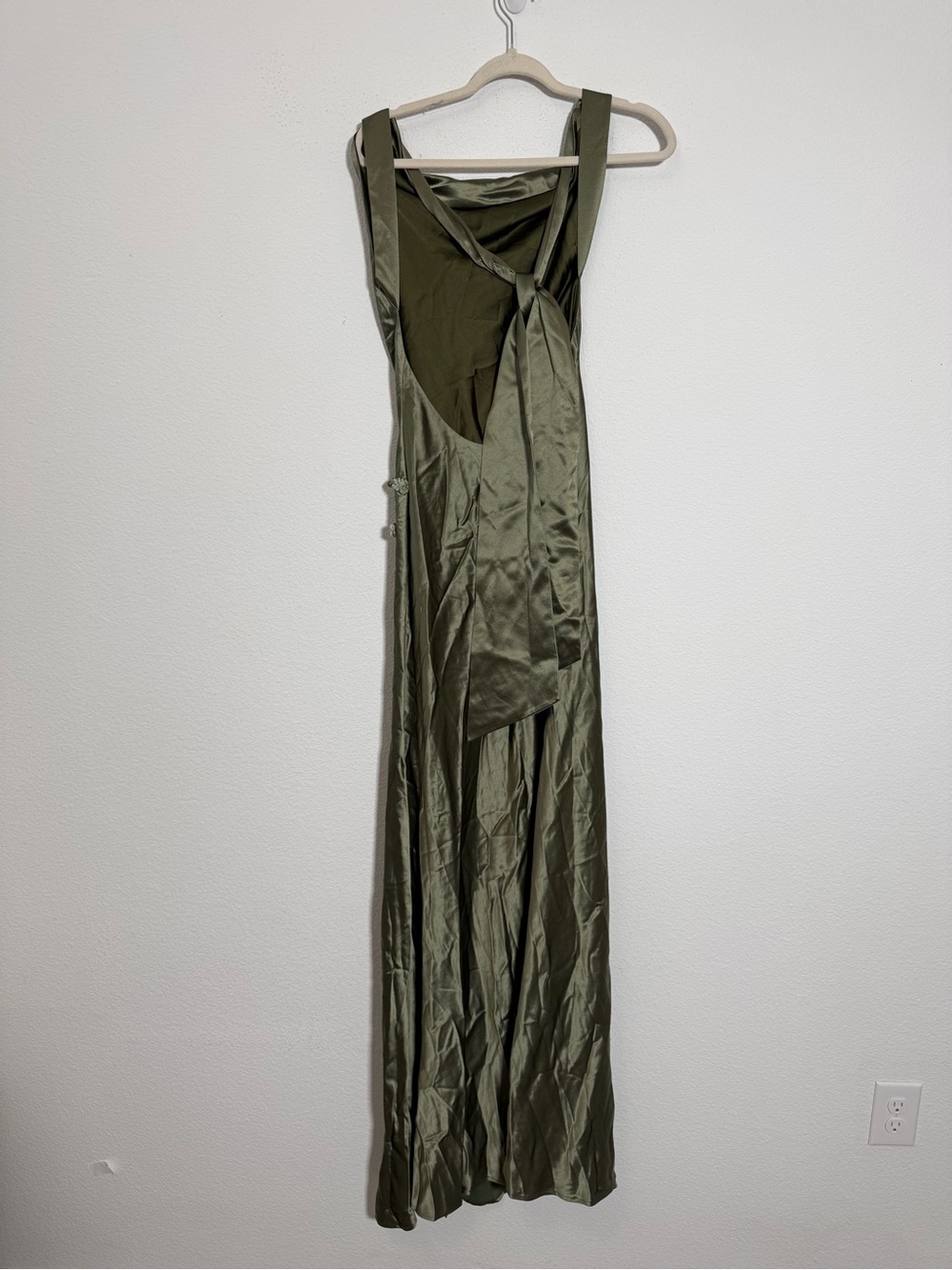 Sau Lee Priscilla Gown Olive Green Satin Maxi Dress Asian Inspired Formal Slit 4 - Picture 4 of 9